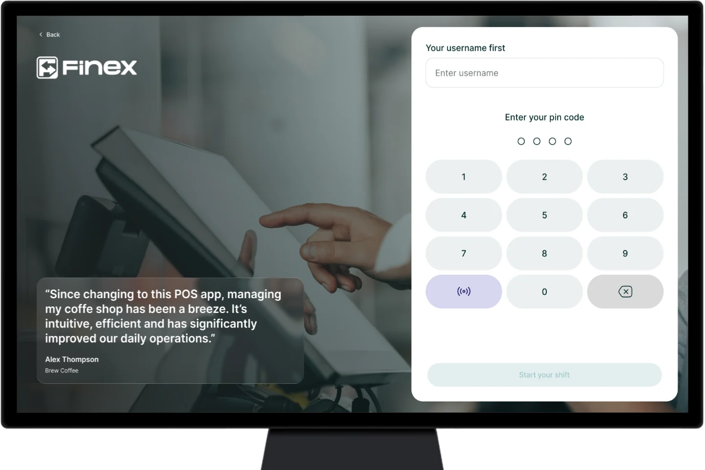 Finex POS login screen