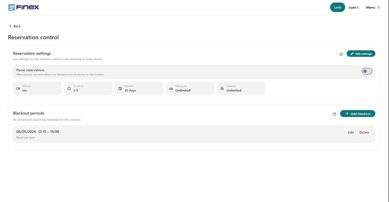 Reservation control panel with pause toggle, capacity limits and blackout periods