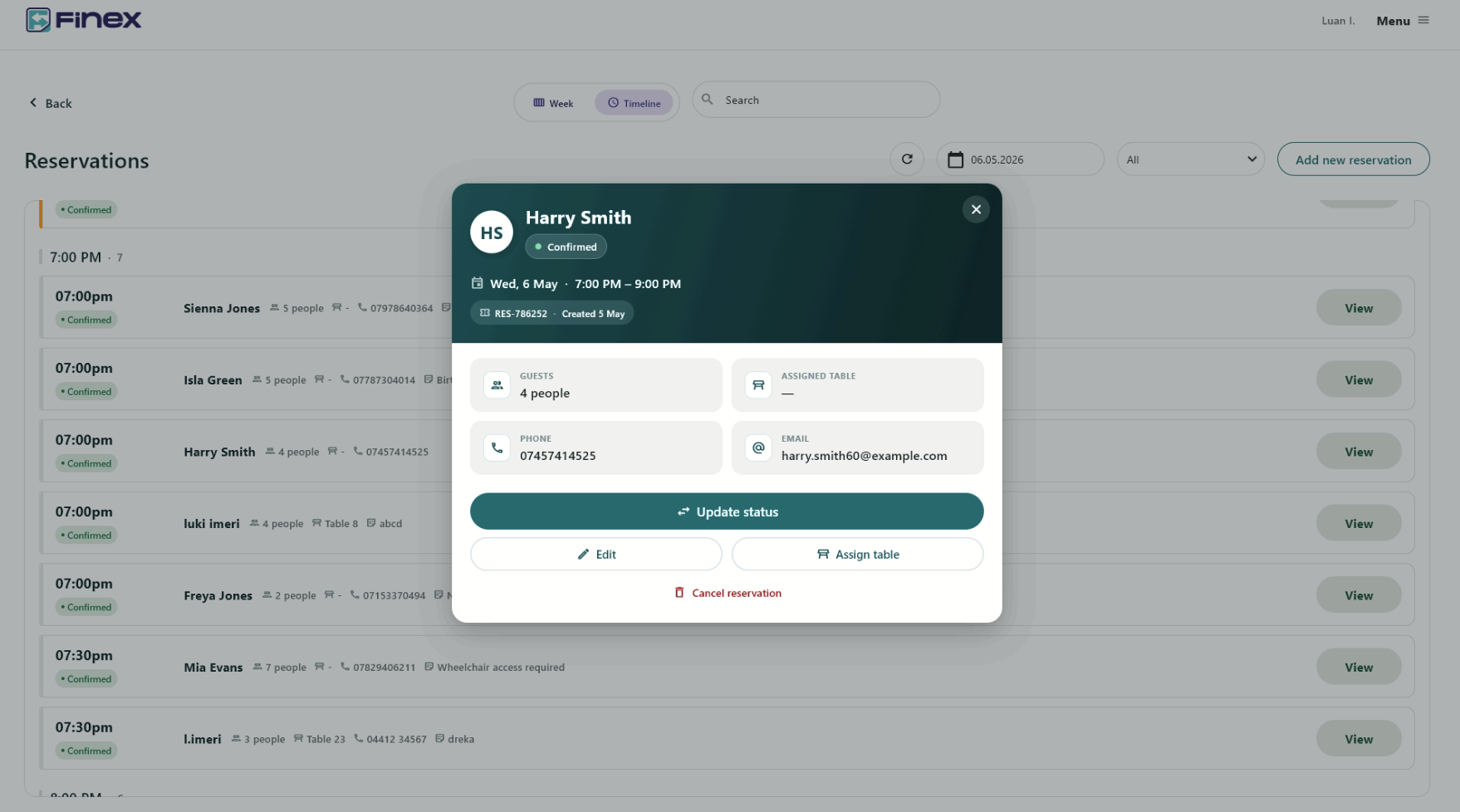 Reservation detail modal with status, table and contact actions