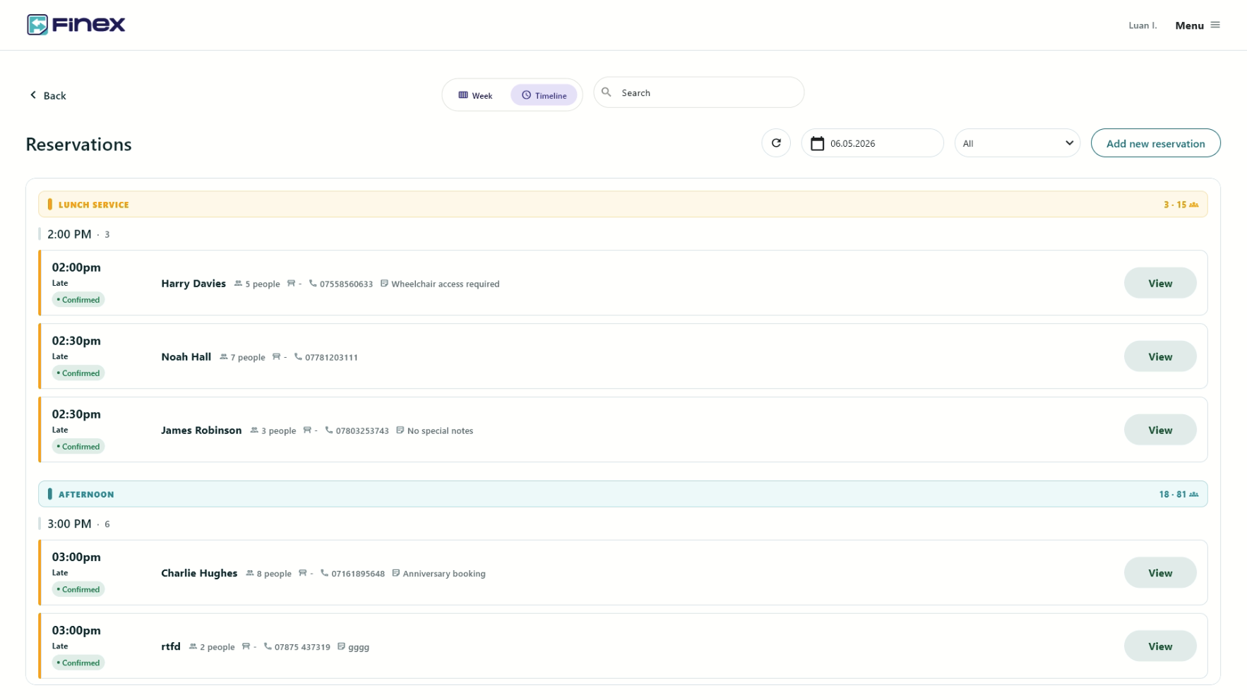 Reservations timeline view grouped by service period